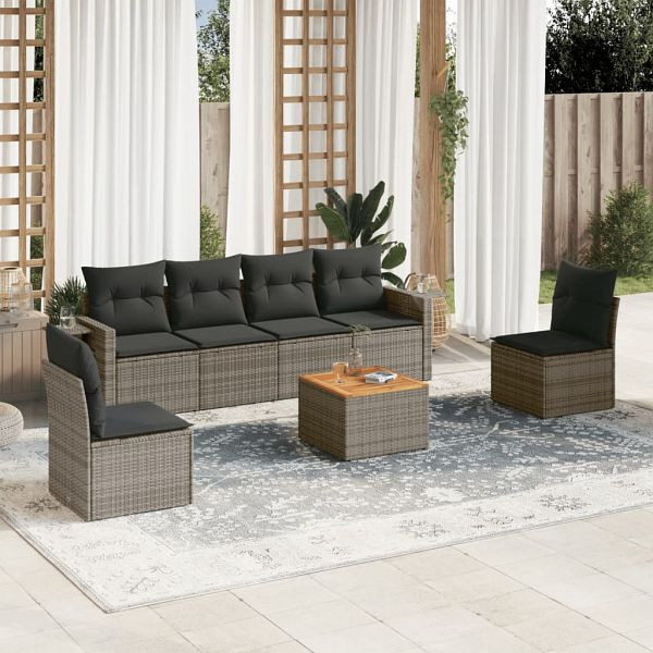 vidaXL 7-teilig Garten-Sofagarnitur mit Kissen Grau Poly Rattan, 3256844