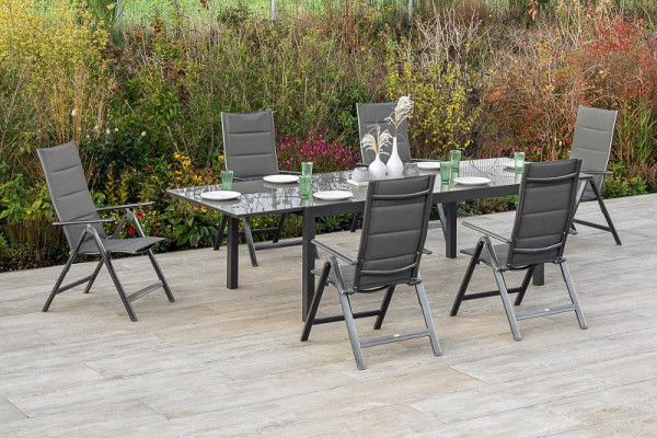 Merxx Taviano Set 7-teilig, 6 Klappsessel, Rückenlehne 5-fach verstellbar, gepadded, 1 Semi Ausziehtisch, 200 (300) x 100 cm, graphit/grau, 50567-207