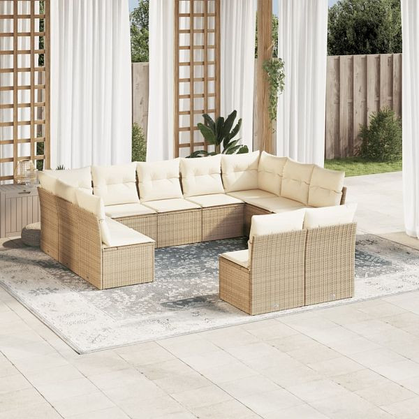 vidaXL 11-teilig Garten-Sofagarnitur mit Kissen Beige Poly Rattan, 3218348