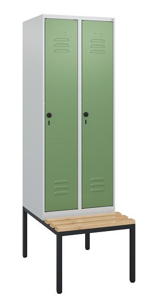 C+P Umkleidespind Classic PLUS, mit untergebauter Sitzbank, 2 Abteile, 1950x600x815mm, 7035/6011, Drehriegel, Buche-Sitzleisten, 0800505-20 S10006