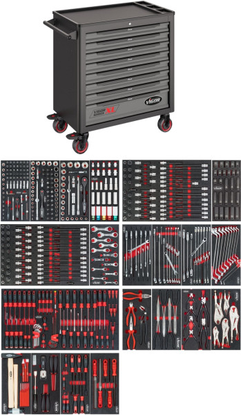 VIGOR Werkstattwagen VIGOR 1000 XL mit Kunststoff Arbeitsplatte, Gesamtlänge: 907 mm, Anzahl Werkzeuge: 499, V5434