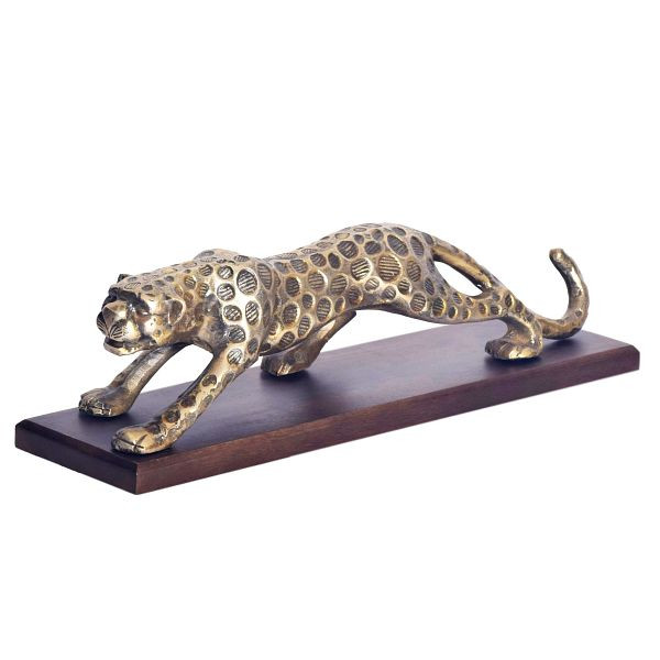 Wohnling Dekofigur Panther Aluminium Gold 63cm mit Massivholz-Sockel, Design Metall Deko Alu, Tischdeko Raubkatze, Wohndeko Aluminiumdekoration, WL7.194