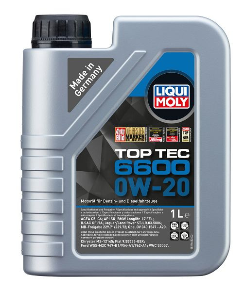 LIQUI MOLY Motoröl Top Tec 6600 0W-20, Kanister Kunststoff, VE: 1 Liter, 21440