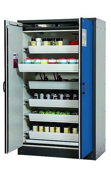 asecos Sicherheitsschrank Q-CLASSIC-30, Q30.195.116 in enzianblau RAL 5010 mit 6x Auszugswanne Standard (Stahlblech), 31003-067-30017