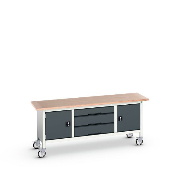 bott verso mobile Kastenwerkbank (Multiplex) mit 3 Schubladen und 2 Türen, BxTxH: 2000 x 600 x 830 mm, Lichtgrau / Anthrazitgrau, 16923232.19