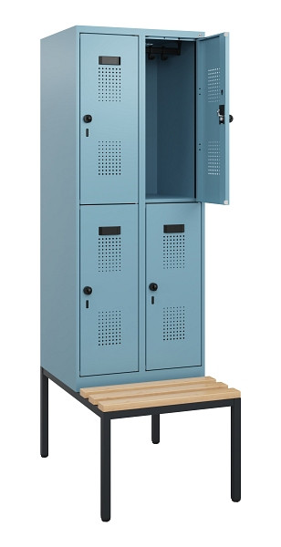 C+P Doppelstöckiger Spind Evolo PLUS, Bank, 4 Fächer, 1950x600x815mm, 0010/0010, Drehriegel, Sitzfläche Buche-Hartholz, Sitzbank, 0493505-20 S10025