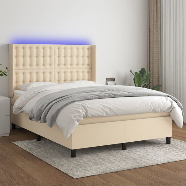 vidaXL Boxspringbett mit Matratze & LED Creme 140x190 cm Stoff, 3138634