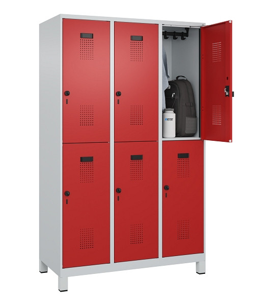 C+P Doppelstöckiger Spind Evolo PLUS, mit Füßen, 6 Fächer, 1950x1200x500mm, 703, Frontfarbe RAL 3000 feuerrot, Drehriegel, 049310-32 S10003