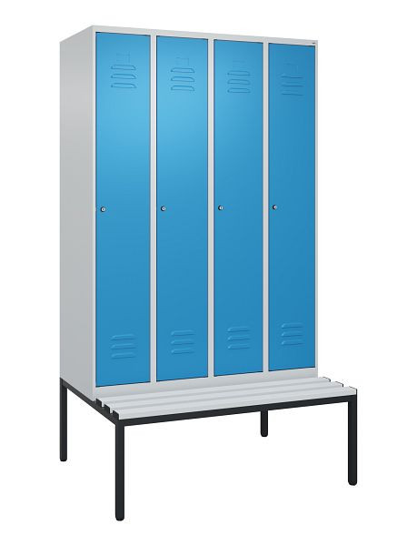 C+P Umkleidespind Classic PLUS, mit untergebauter Sitzbank, 4 Abteile, 2120x1200x815mm, 7035/5012, Zylinderschlösser, 0800507-40 S10019