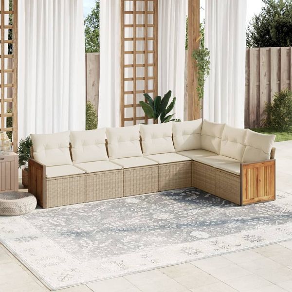 vidaXL 7-teilig Garten-Sofagarnitur mit Kissen Beige Poly Rattan, 3227710