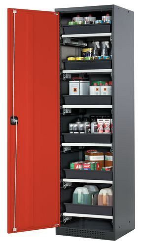 asecos Chemikalienschrank Systema-T CS-56L, Korpus anthrazit, Flügeltüren rot, 6 Tablarauszüge, 209060