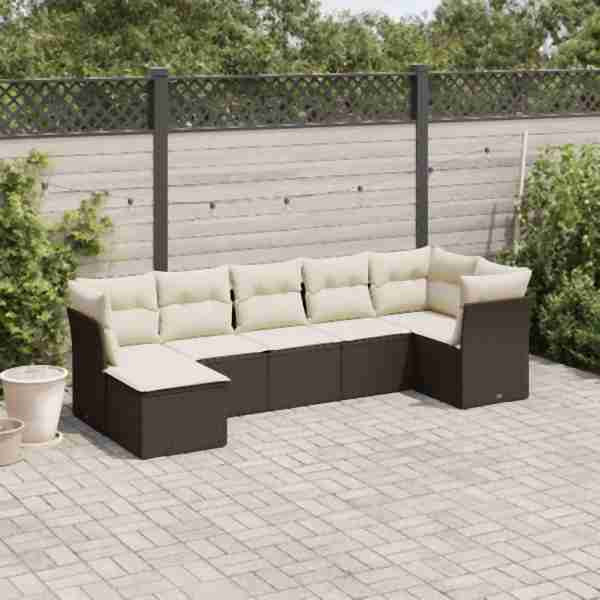vidaXL 7-tlg. Garten-Sofagarnitur mit Kissen Braun Poly Rattan, UV-beständig, 3217973