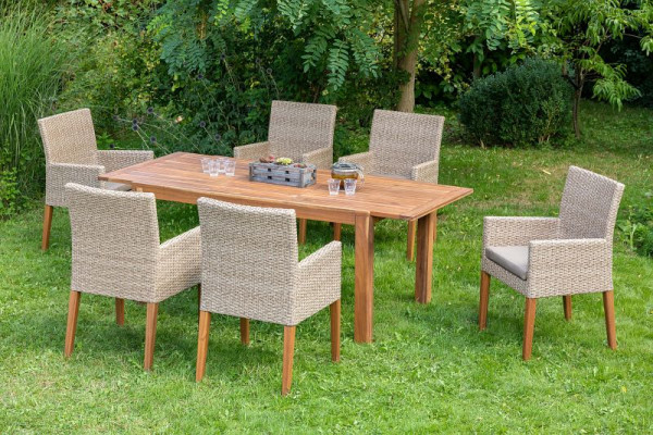 Merxx Ranzano Set 7-teilig, 6 Ranzano Sessel, inkl. Sitzkissen, 1 Ausziehtisch 150 (200) x 90 cm, Akazienholz, schilf, FSC Akazienholz, 50443-259