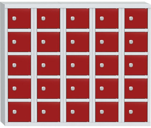 Deskin Wertfachschrank mit 25 Fächern, Korpus Lichtgrau RAL 7035, Türen Feuerrot RAL 3000, H 780 x B 975 x T 200 mm, Zylinderschloss, 358070