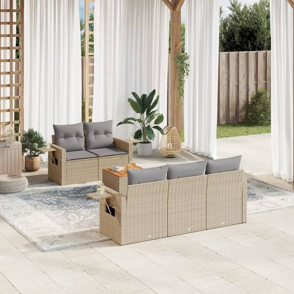 vidaXL 6-teilig Garten-Sofagarnitur mit Kissen Beige Poly Rattan, 3256780