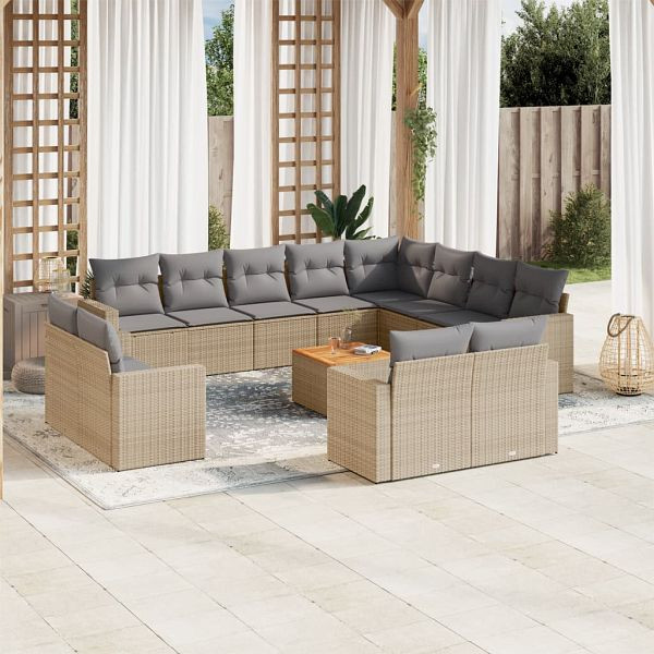 vidaXL 13-teilig Garten-Sofagarnitur mit Kissen Beige Poly Rattan, 3224393