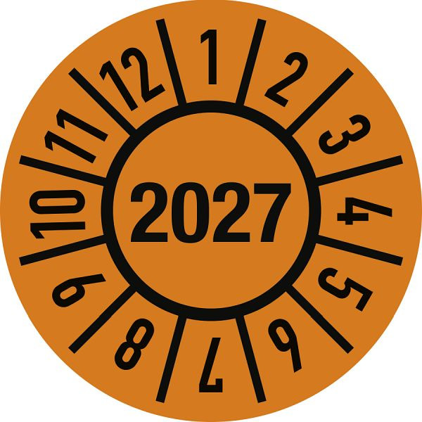 Moedel Prüfplakette Jahr 2027 mit Monaten, Folie, Ø 15 mm, VE: 500 Stück/Rolle, 104492