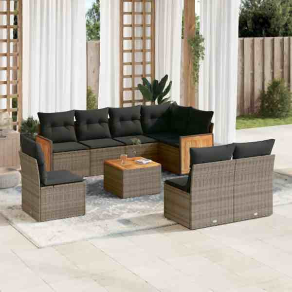 vidaXL 9-tlg. Garten-Sofagarnitur mit Kissen Grau Poly Rattan, UV-beständig, 3260135