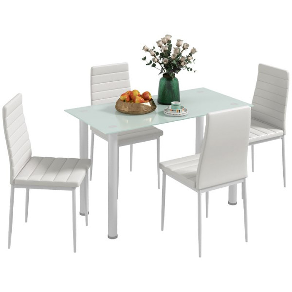 HOMCOM 5-tlg. Essgruppe Sitzgruppe Esstisch mit 4 Stühlen, modernes Design, Glastisch, Weiß, 835-839V03WT