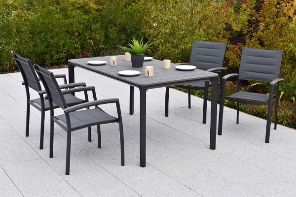 Merxx Pisa Set 5-teilig, graphit, 4 Stapelsessel, 1 Tisch 160 x 90 cm, Armlehnen und Tischplatte in realistischer Holzoptik, 51093-217
