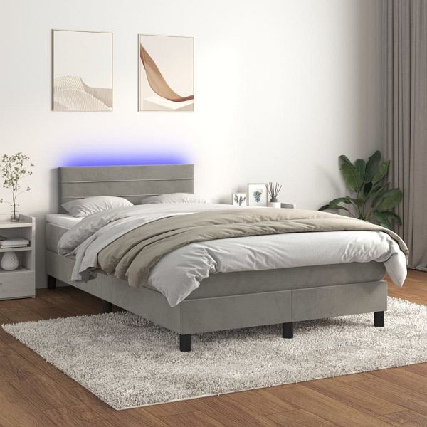 vidaXL Boxspringbett mit Matratze & LED Hellgrau 120x200 cm Samt, 3134453