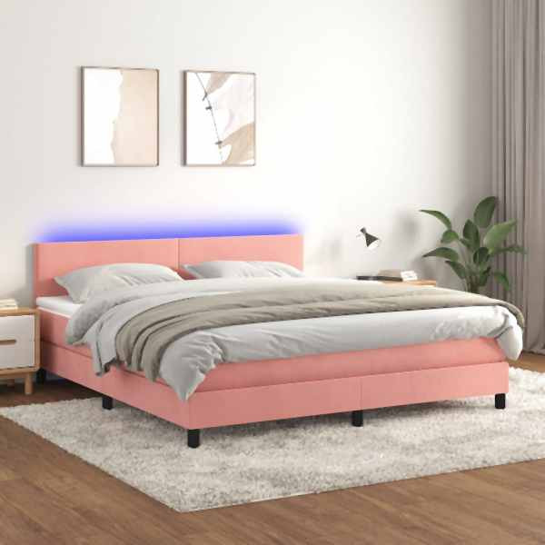 vidaXL Boxspringbett mit Matratze & LED Rosa 160x200 cm Samt, 3134296
