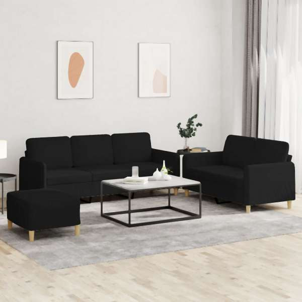 vidaXL 3-tlg. Sofagarnitur mit Kissen Schwarz Stoff, 3202130