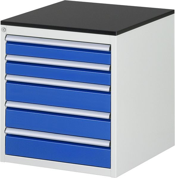 RAU Schubladenschrank Serie 7000, B580 x T650 x H640 mm, Arbeitsplatte mit Melaminharzbeschichtung, Schubladen: 2xH90, 3xH120 mm, 13-L3.20A-M.11