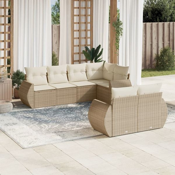 vidaXL 7-teilig Garten-Sofagarnitur mit Kissen Beige Poly Rattan, 3221607