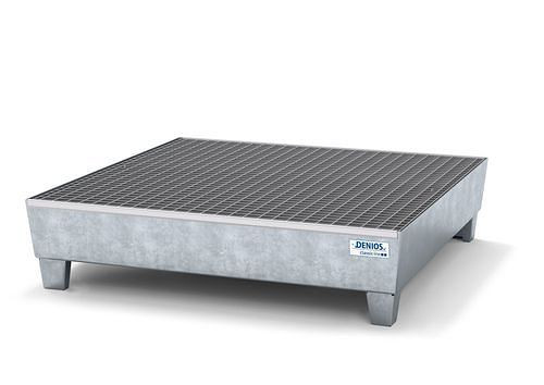 DENIOS Auffangwanne classic-line für 4 Fässer, Stahl verzinkt, Füße, mit Gitterrost, H 290 mm, 259321