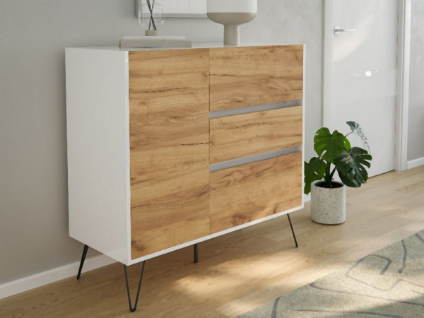 Posseik Sideboard Industrial L 100cm 3 Schubladen 1 Tür Weiß/Eiche Front, PN2089X0000034DE