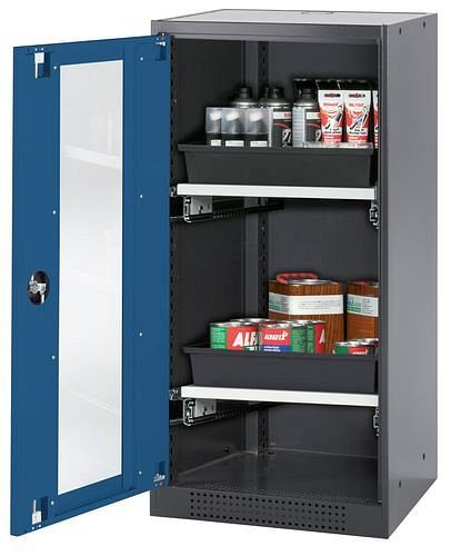 asecos Chemikalienschrank Systema-T CS-52LG, Korpus anthrazit, Flügeltüren blau, 2 Tablarauszüge, 208673
