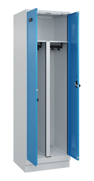 C+P PSA Schwarz-Weiß-Spind Evolo PLUS, mit Sockel, 2 Abteile, 1950x600x500mm, 70, Frontfarbe RAL 5012 Lichtblau, Drehriegel, 049022-20P S10007