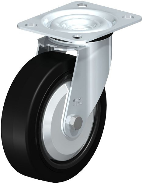 Blickle LE-POEV 125R-FA Stahlblech-Lenkrolle mit Anschraubplatte, Elastik-Vollgummi, Schwarz, 448910