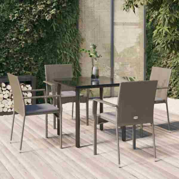vidaXL 5-tlg. Garten-Essgruppe mit Kissen Schwarz und Grau Poly Rattan, 3185138