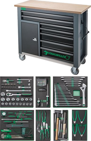 STAHLWILLE Werkzeug-Sortiment mit Werkbank Schub, Länge 7 + 1 Fach anthrazit, RAL 7016 161 Stück, 98830194