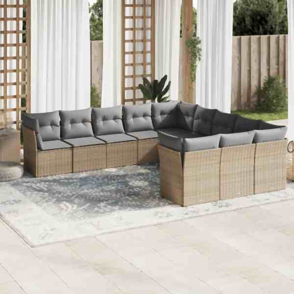vidaXL 11-tlg. Garten-Sofagarnitur mit Kissen Beige Poly Rattan, UV-beständig, 3218409