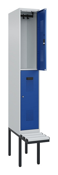 C+P Doppelstock-Spind Evolo PLUS, Bank, 2 Fächer, 2120x300x815mm, 7035/5010, Zylinderschloss, Sitzfläche Kunststoff, 0493407-10 S10114