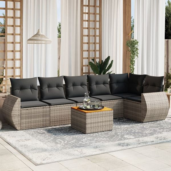 vidaXL 7-teilig Garten-Sofagarnitur mit Kissen Grau Poly Rattan, 3225017