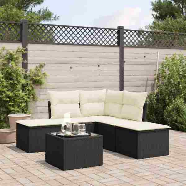 vidaXL 6-tlg. Garten-Sofagarnitur mit Kissen Schwarz Poly Rattan, UV-beständig, 3217726