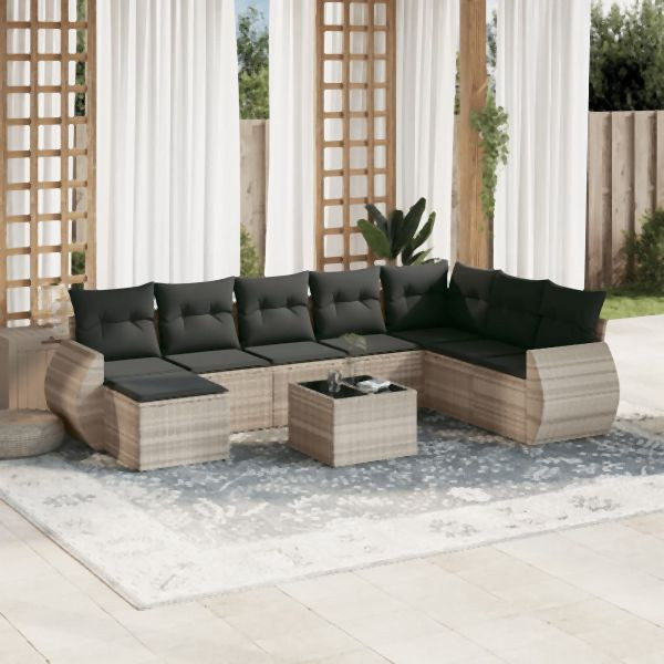 vidaXL 9-tlg. Garten-Sofagarnitur mit Kissen Hellgrau Poly Rattan, 3221771