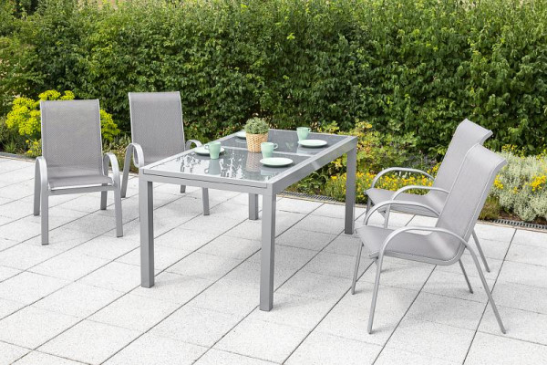 Merxx Amalfi Set 5-teilig, 4 Amalfi Stapelsessel, 1 Ausziehtisch 160 (220) x 90 cm, graue Glasplatte, silber/diamantbraun, 50336-330