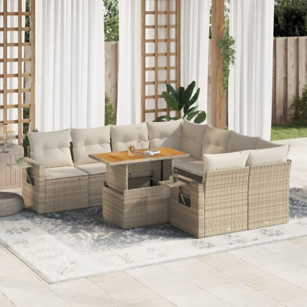 vidaXL 9-tlg. Garten-Sofagarnitur mit Kissen Beige Poly Rattan, 3327131