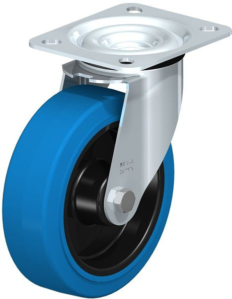 Blickle LE-POEV 125XR-SB Stahlblech-Lenkrolle mit Anschraubplatte, Elastik-Vollgummi, Blau, 757504