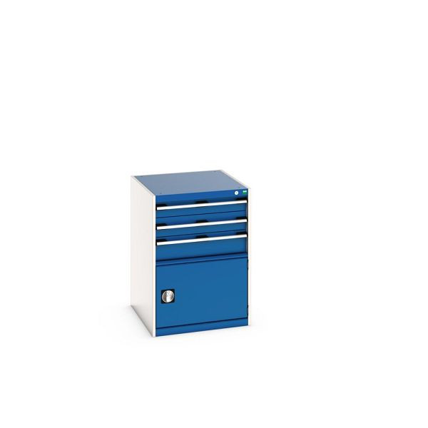 bott cubio Schubladenschrank bestückt, mit 3 Schubladen, Tür, BxTxH: 650x750x900mm, RAL 7035/5010, Enzianblau, 40027104.11V
