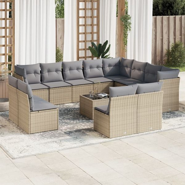 vidaXL 13-teilig Garten-Sofagarnitur mit Kissen Beige Poly Rattan, 3218479