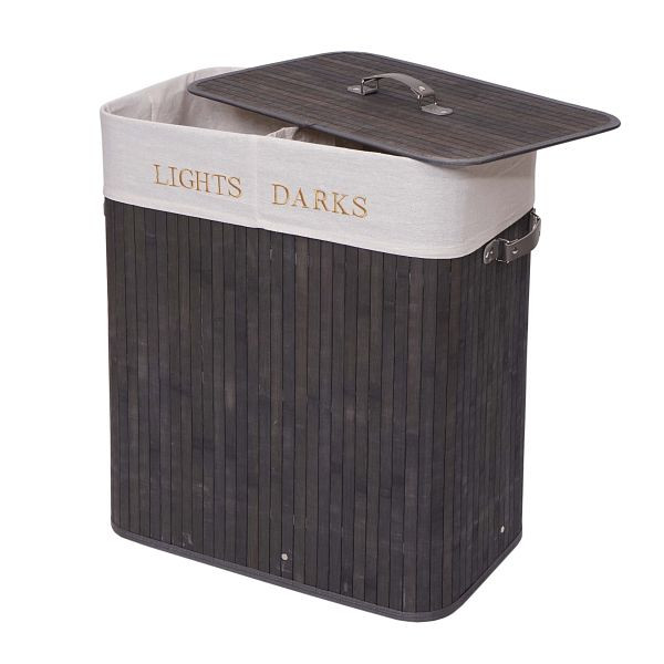 Mendler Wäschekorb HWC-C21, Laundry Wäschebox Wäschesammler Wäschebehälter, Bambus 2 Fächer 63x55x34cm 100l, dunkelgrau, 74040