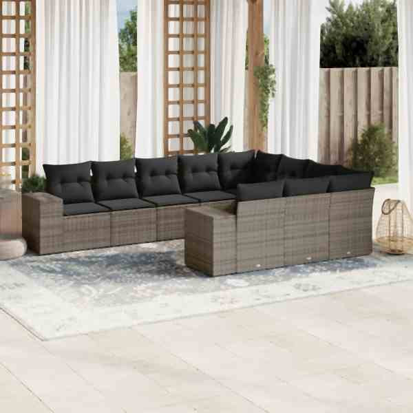 vidaXL 10-tlg. Garten-Sofagarnitur mit Kissen Grau Poly Rattan, UV-beständig, 3255427