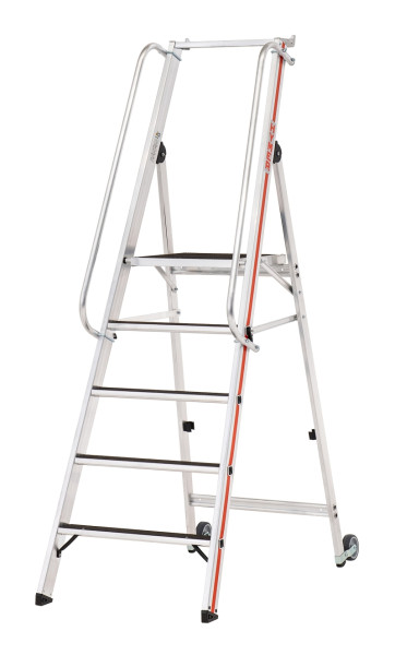 HYMER Plattformleiter R13 mit Kipprollen und langem Handlauf, 5 Stufen, Standhöhe 1,15 m, 868105