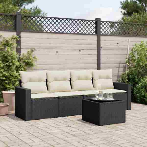 vidaXL 5-tlg. Garten-Sofagarnitur mit Kissen Schwarz Poly Rattan, UV-beständig, 3218676